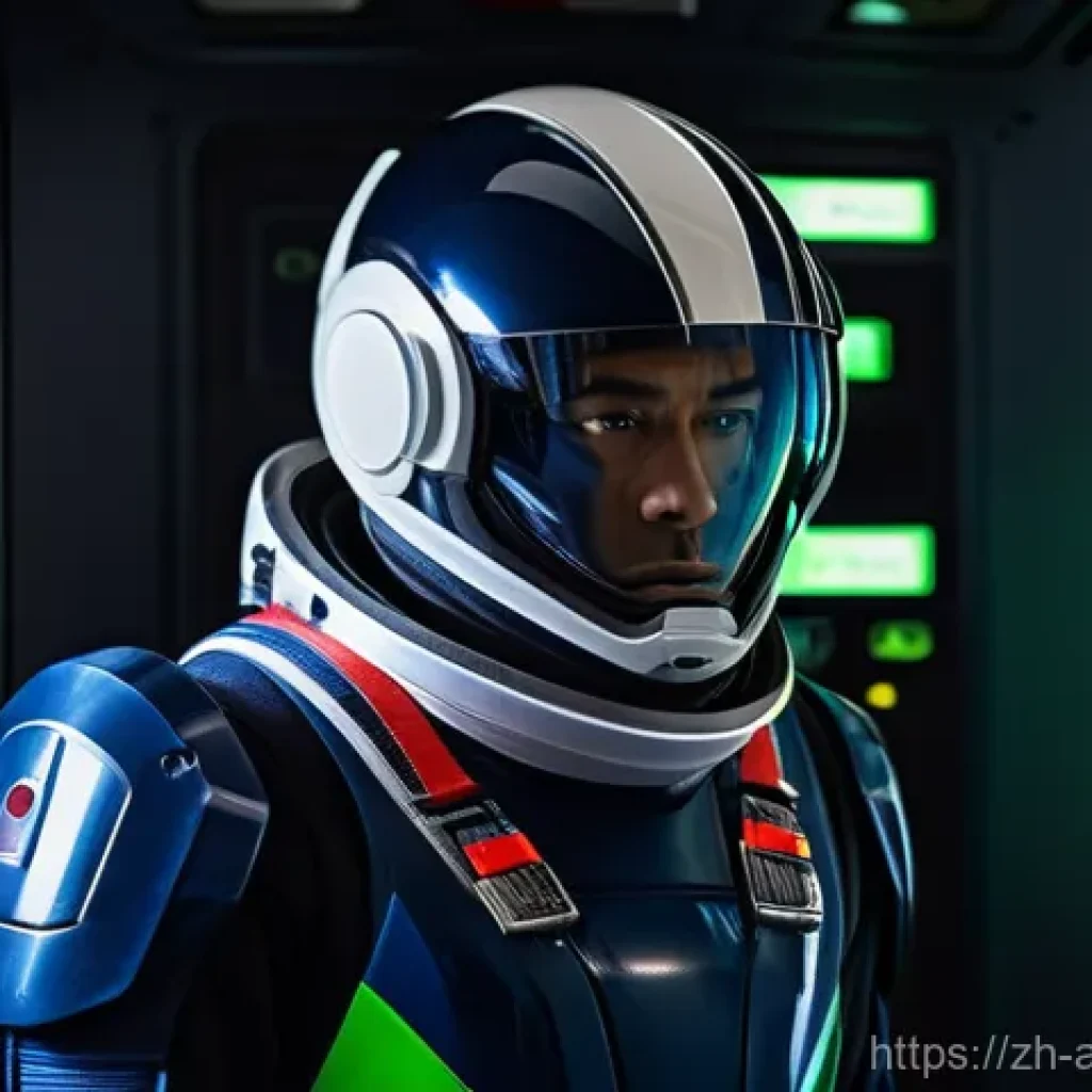 어몽어스와 심리학 - A full-body shot of an Imposter in a futuristic, sleek dark blue and grey spacesuit, with a visible ...