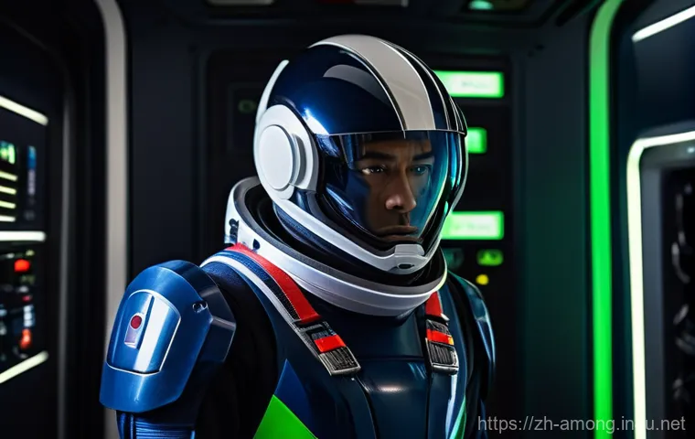 어몽어스와 심리학 - A full-body shot of an Imposter in a futuristic, sleek dark blue and grey spacesuit, with a visible ...
