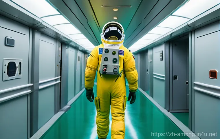 어몽어스와 심리학 - A mid-shot of a lone crewmate in a vibrant orange spacesuit, sitting at a futuristic, circular meeti...