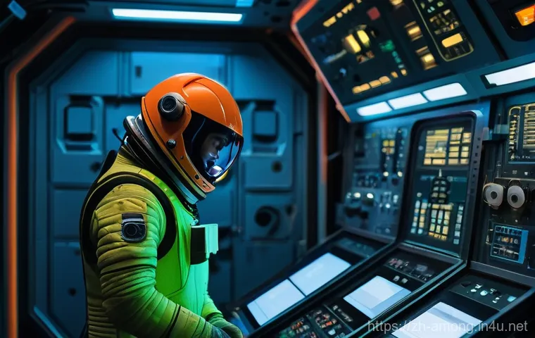 어몽어스 초보자를 위한 가이드 - **Prompt:** A vibrant, highly detailed scene inside the Medbay of "The Skeld" spaceship. A lime-gree...