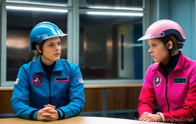 어몽어스 초보자를 위한 가이드 - **Prompt:** A vibrant, highly detailed scene inside the Medbay of "The Skeld" spaceship. A lime-gree...