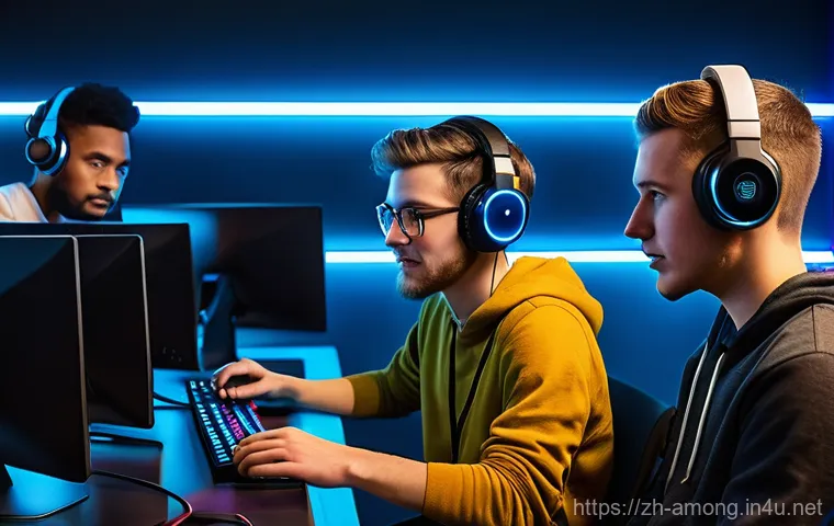 어몽어스 디스코드 서버 활용 - "A diverse group of 5-6 young adults, aged 18-30, deeply engrossed in a game of 'Among Us' on their ...